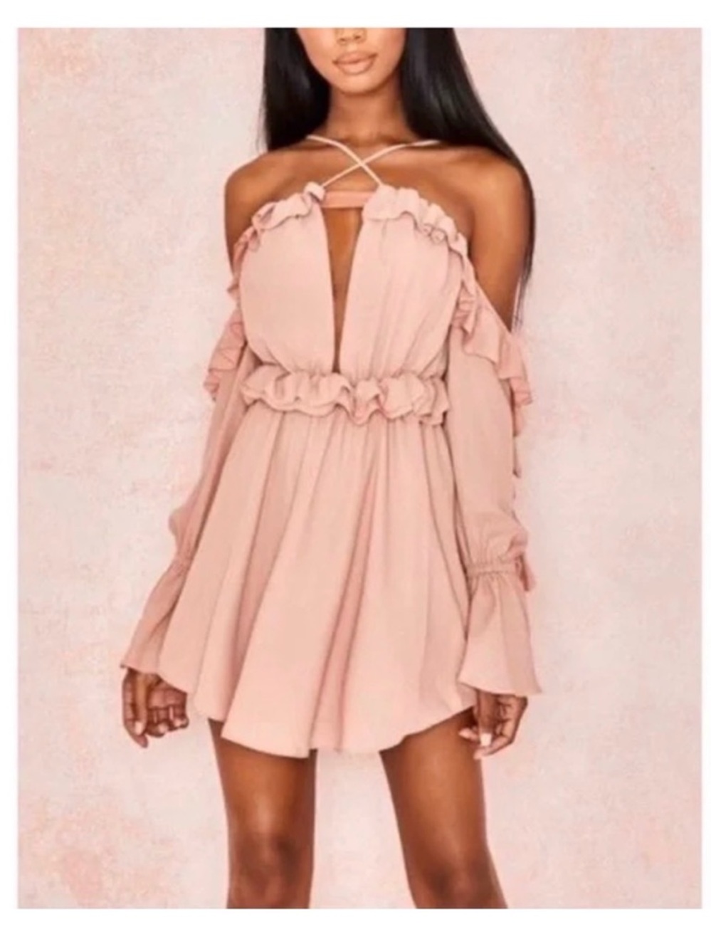 HOUSE OF CB 'Serenity Blush
Off Shoulder Ruffled Mini
Dress/Size L-US 8-10/PH448
